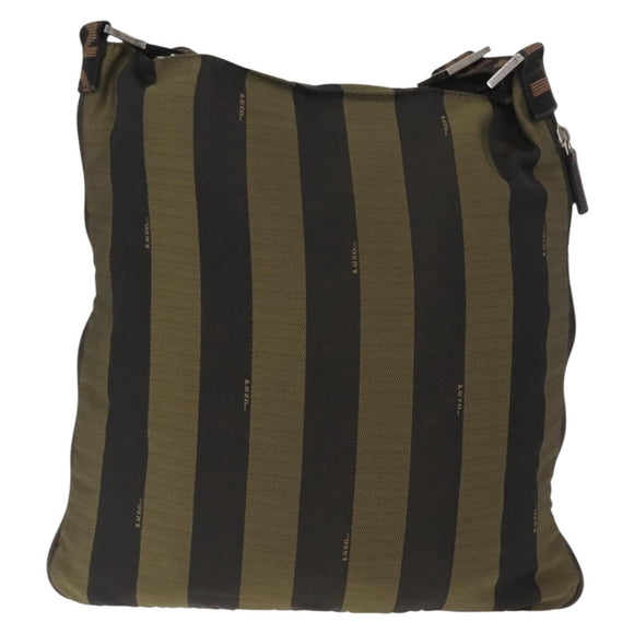 FENDI Pecan Canvas Shoulder Bag Black Brown Silver Auth 164502