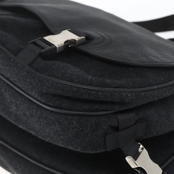 PRADA Shoulder Bag Wool Leather Black Silver Auth 164511