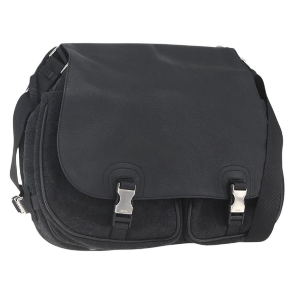 PRADA Shoulder Bag Wool Leather Black Silver Auth 164511
