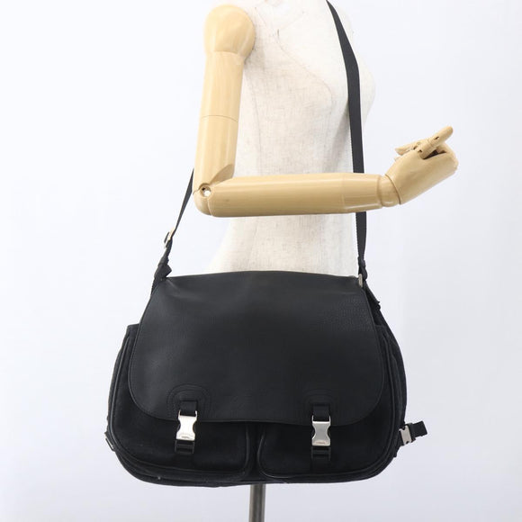 PRADA Shoulder Bag Wool Leather Black Silver Auth 164511