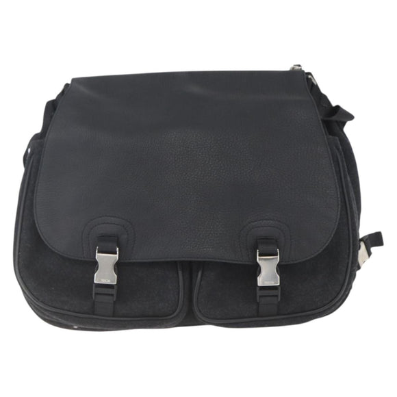 PRADA Shoulder Bag Wool Leather Black Silver Auth 164511