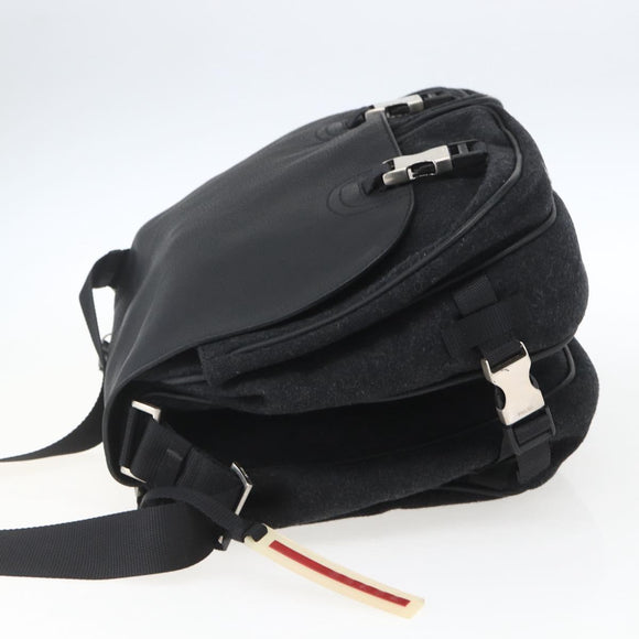 PRADA Shoulder Bag Wool Leather Black Silver Auth 164511