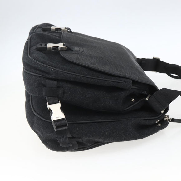 PRADA Shoulder Bag Wool Leather Black Silver Auth 164511