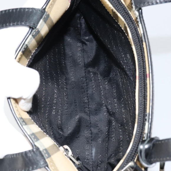 BURBERRY Nova Check Hand Bag PVC Beige Black Silver Auth 164517
