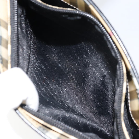 BURBERRY Nova Check Hand Bag PVC Beige Black Silver Auth 164517