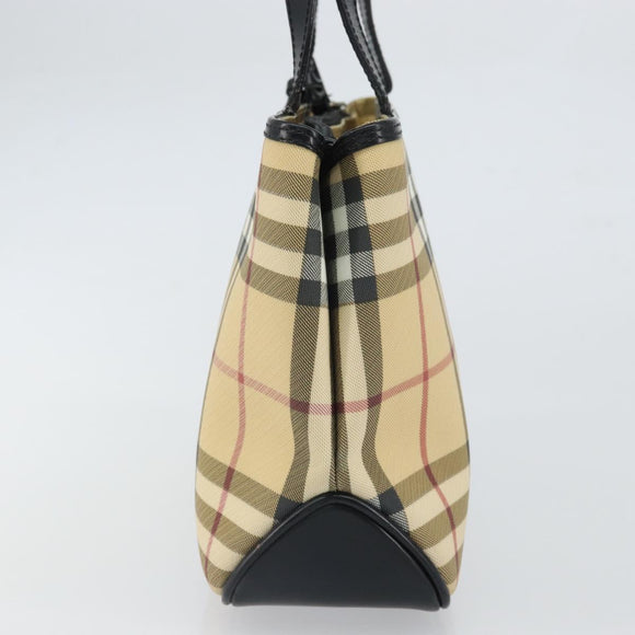 BURBERRY Nova Check Hand Bag PVC Beige Black Silver Auth 164517
