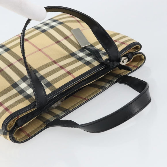 BURBERRY Nova Check Hand Bag PVC Beige Black Silver Auth 164517