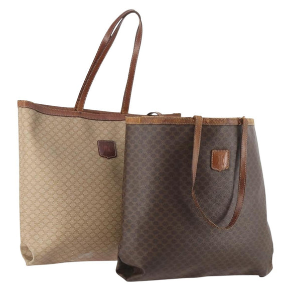 CELINE Macadam Canvas Tote Bag PVC Leather 2 Set Brown Beige Auth 164637