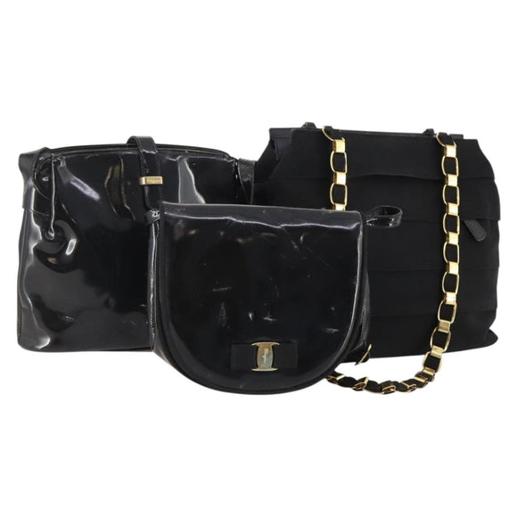Salvatore Ferragamo Shoulder Bag Canvas Patent leather 3 Set Black Auth 164640