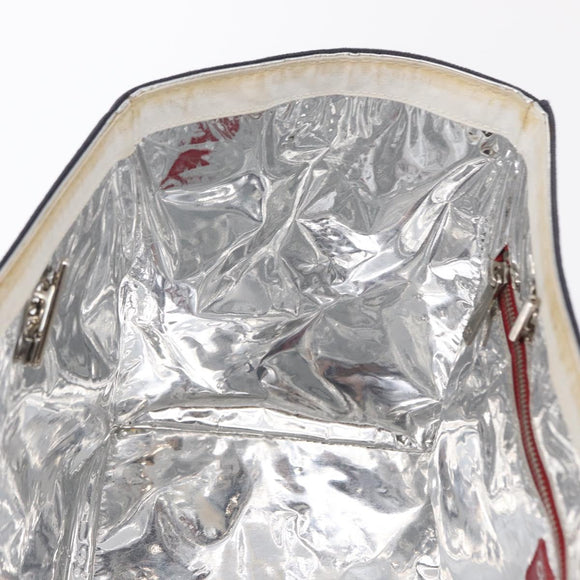 CHANEL Choco Bar Chain Tote Bag No5 Canvas Navy Silver CC Auth 164674V