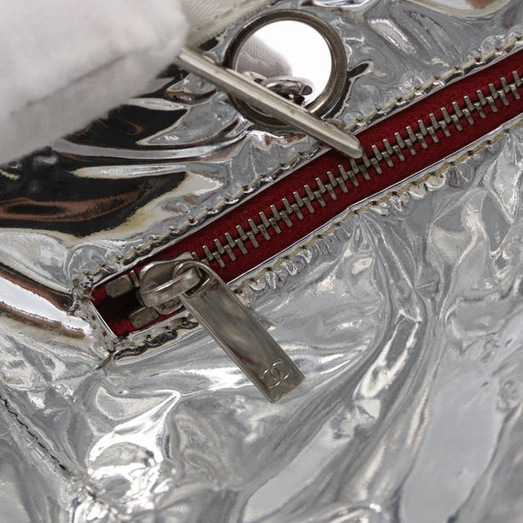 CHANEL Choco Bar Chain Tote Bag No5 Canvas Navy Silver CC Auth 164674V