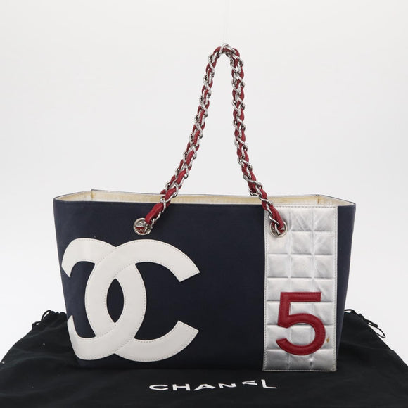 CHANEL Choco Bar Chain Tote Bag No5 Canvas Navy Silver CC Auth 164674V