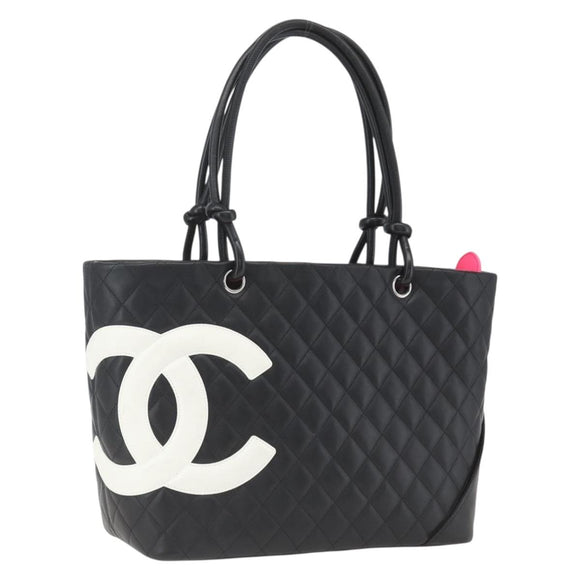 CHANEL Cambon Line Matelasse Tote Bag Leather Black Silver CC Auth 164709SM