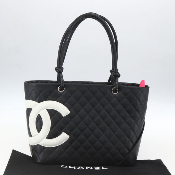 CHANEL Cambon Line Matelasse Tote Bag Leather Black Silver CC Auth 164709SM