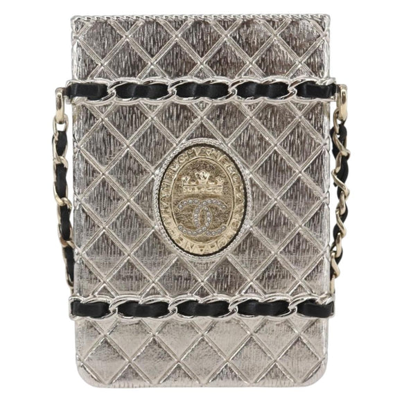 CHANEL Chain Neck Card Case metal Silver tone CC Auth 164711SM