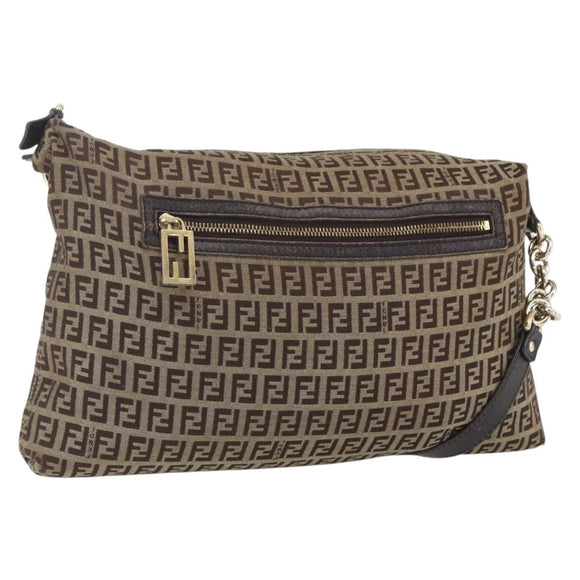 FENDI Zucchino Canvas Shoulder Bag Beige Gold Auth 164816