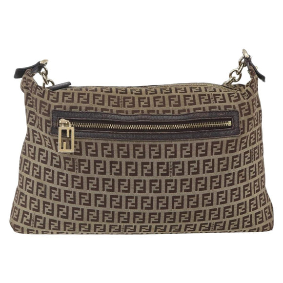FENDI Zucchino Canvas Shoulder Bag Beige Gold Auth 164816