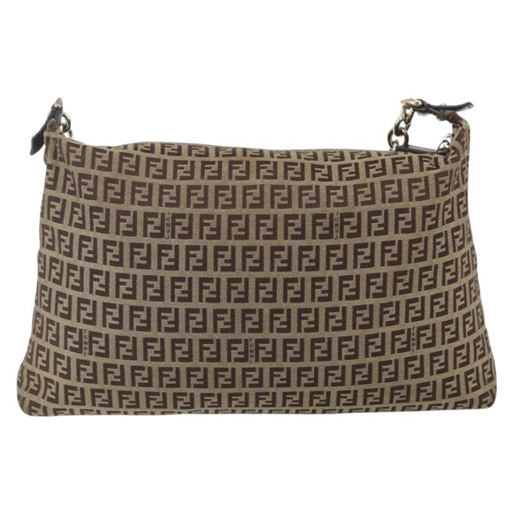 FENDI Zucchino Canvas Shoulder Bag Beige Gold Auth 164816