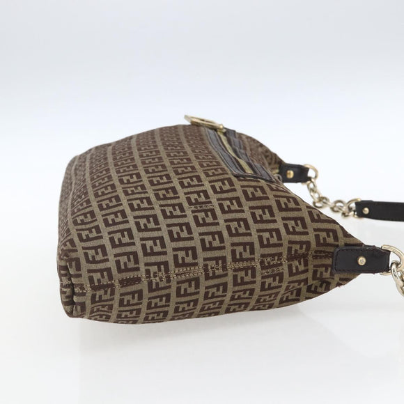 FENDI Zucchino Canvas Shoulder Bag Beige Gold Auth 164816