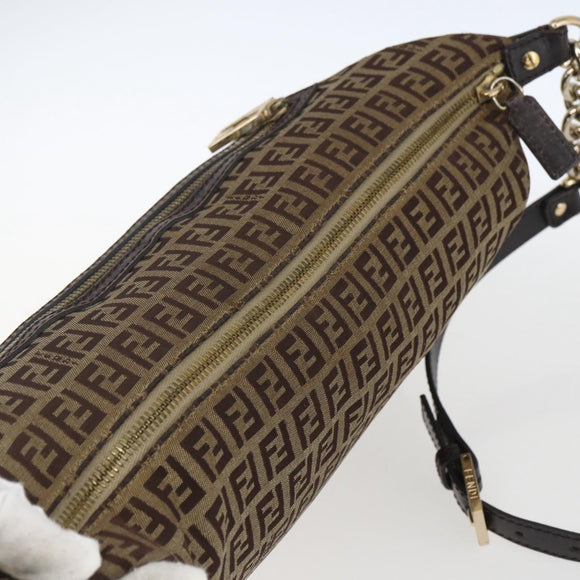 FENDI Zucchino Canvas Shoulder Bag Beige Gold Auth 164816