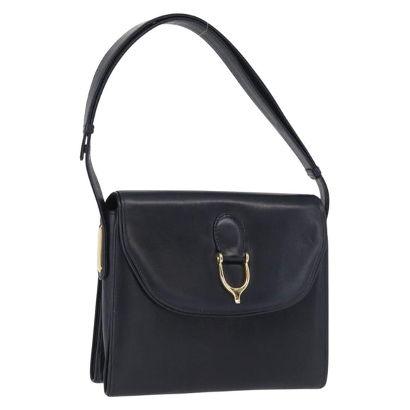 GUCCI Shoulder Bag Leather Navy Gold Auth 164825