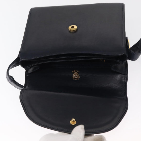 GUCCI Shoulder Bag Leather Navy Gold Auth 164825