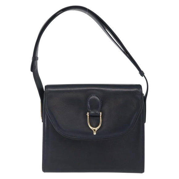 GUCCI Shoulder Bag Leather Navy Gold Auth 164825