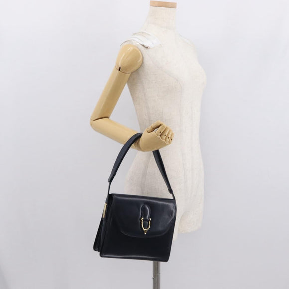GUCCI Shoulder Bag Leather Navy Gold Auth 164825