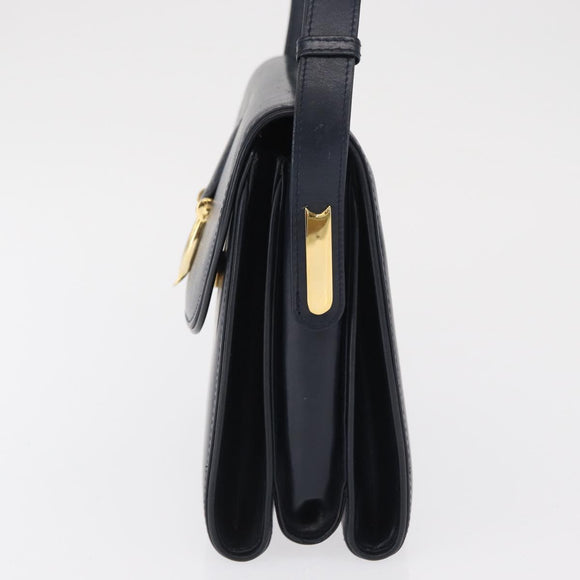 GUCCI Shoulder Bag Leather Navy Gold Auth 164825