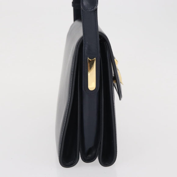 GUCCI Shoulder Bag Leather Navy Gold Auth 164825