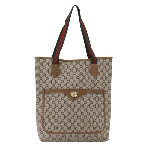 GUCCI GG Plus Supreme Web Sherry Line Tote Bag PVC Beige Gold Auth 164831