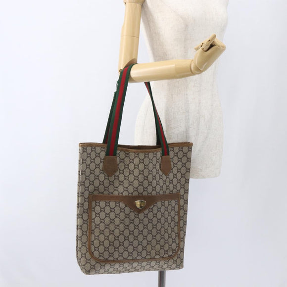 GUCCI GG Plus Supreme Web Sherry Line Tote Bag PVC Beige Gold Auth 164831
