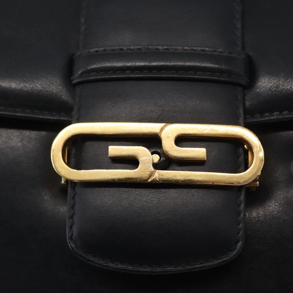 GUCCI Shoulder Bag Leather Navy Gold Auth 164835
