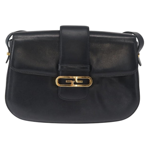 GUCCI Shoulder Bag Leather Navy Gold Auth 164835
