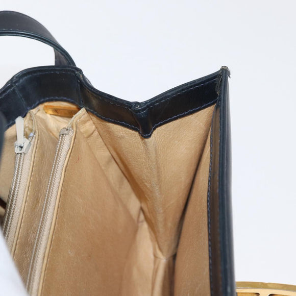 GUCCI Shoulder Bag Leather Navy Gold Auth 164835
