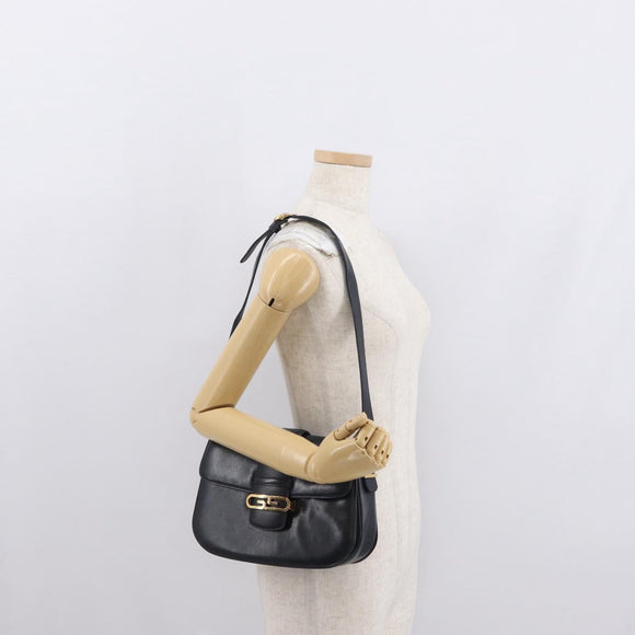 GUCCI Shoulder Bag Leather Navy Gold Auth 164835
