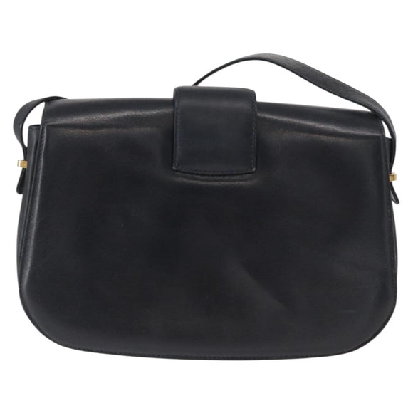 GUCCI Shoulder Bag Leather Navy Gold Auth 164835