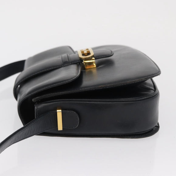 GUCCI Shoulder Bag Leather Navy Gold Auth 164835