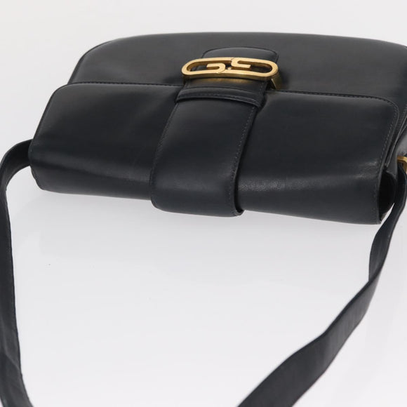 GUCCI Shoulder Bag Leather Navy Gold Auth 164835