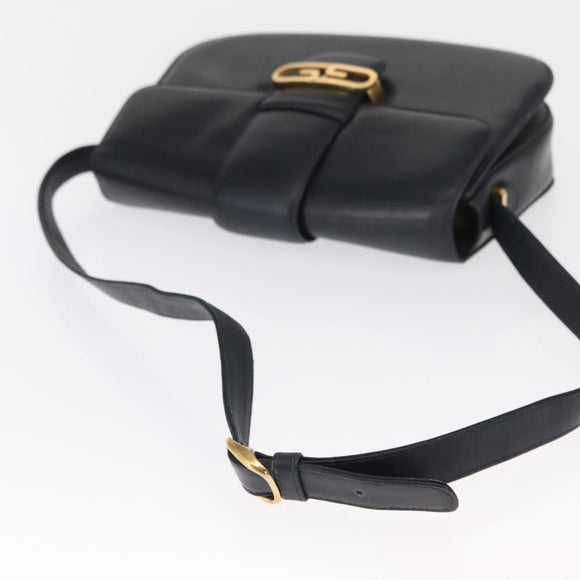 GUCCI Shoulder Bag Leather Navy Gold Auth 164835