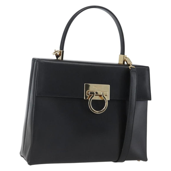 Salvatore Ferragamo Gancini Hand Bag Leather 2way Black Gold Auth 164875V