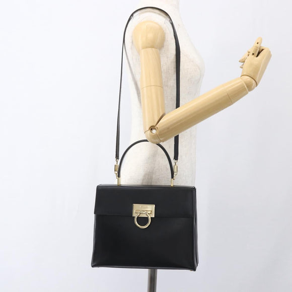 Salvatore Ferragamo Gancini Hand Bag Leather 2way Black Gold Auth 164875V