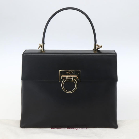 Salvatore Ferragamo Gancini Hand Bag Leather 2way Black Gold Auth 164875V