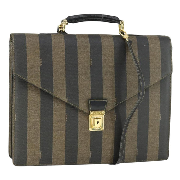 FENDI Pecan Canvas Business Bag PVC 2way Brown Black gold Auth 164882