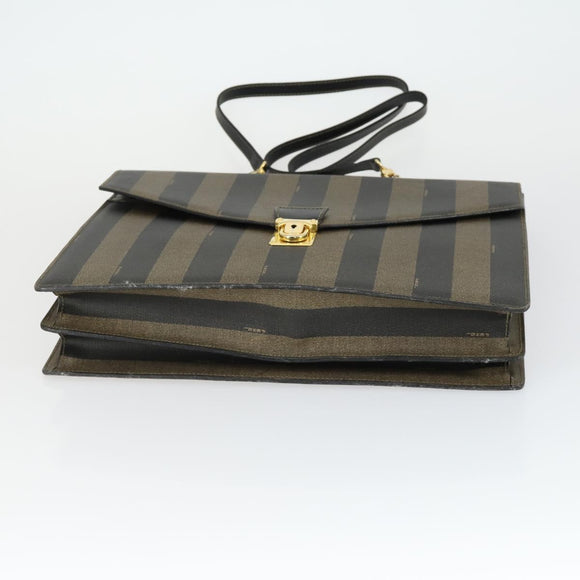FENDI Pecan Canvas Business Bag PVC 2way Brown Black gold Auth 164882