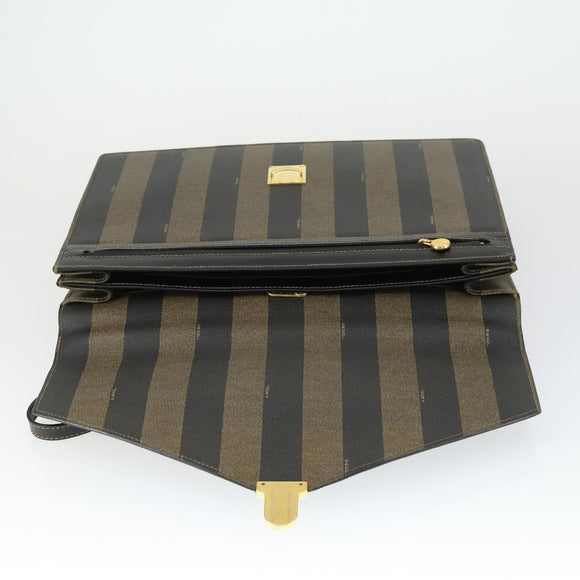 FENDI Pecan Canvas Business Bag PVC 2way Brown Black gold Auth 164882