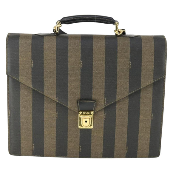 FENDI Pecan Canvas Business Bag PVC 2way Brown Black gold Auth 164882
