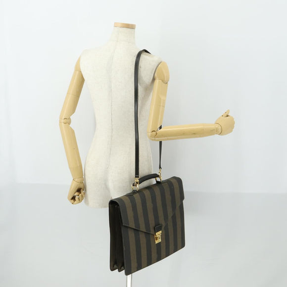 FENDI Pecan Canvas Business Bag PVC 2way Brown Black gold Auth 164882