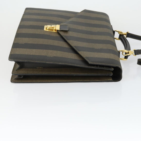 FENDI Pecan Canvas Business Bag PVC 2way Brown Black gold Auth 164882