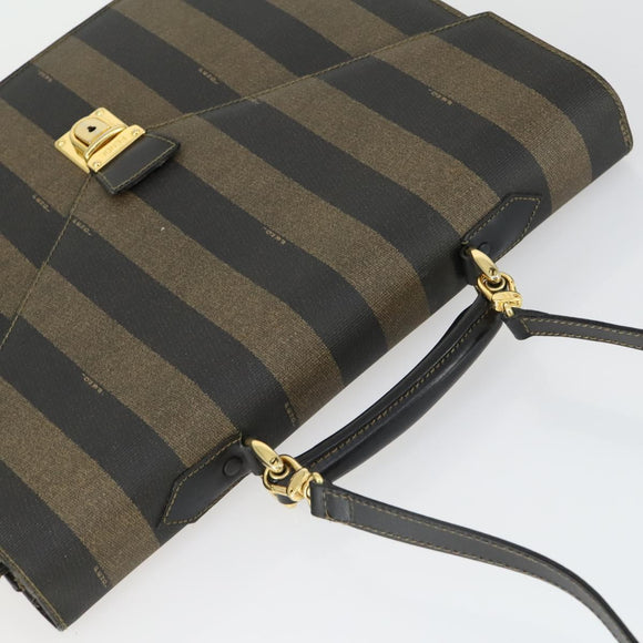 FENDI Pecan Canvas Business Bag PVC 2way Brown Black gold Auth 164882